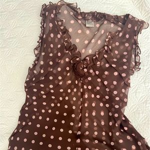 XL sheer top with camisole under , brown with pink polka dots